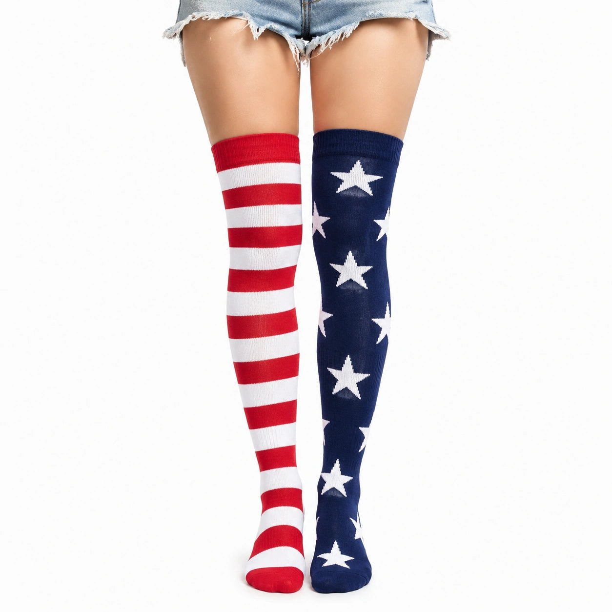 Chaussettes hautes 39-42 en maille textile rouge blanc bleu à rayures et étoiles