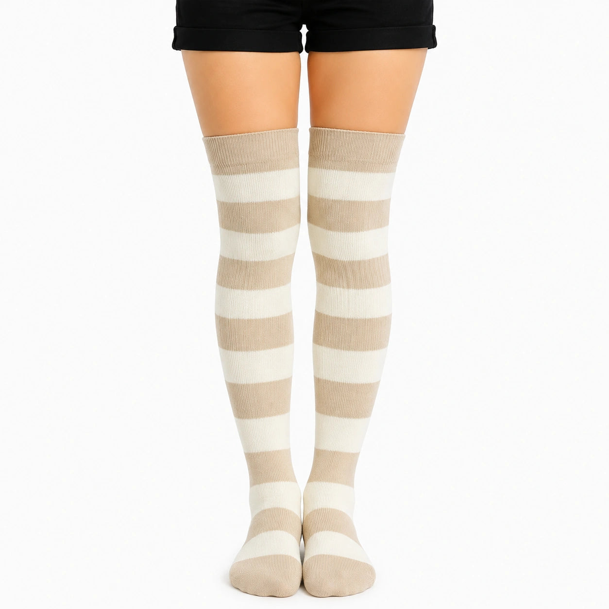 Chaussettes hautes 35-38 en maille beige écru rayées style décontracté