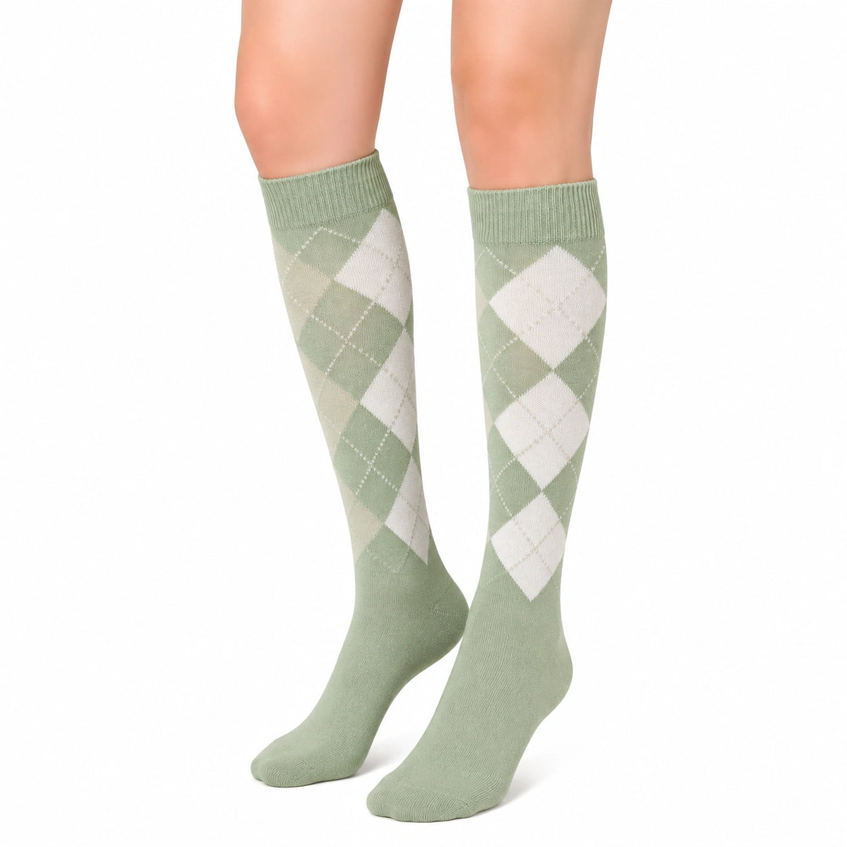 Chaussettes hautes 35-38 en maille vert sauge à losanges style preppy