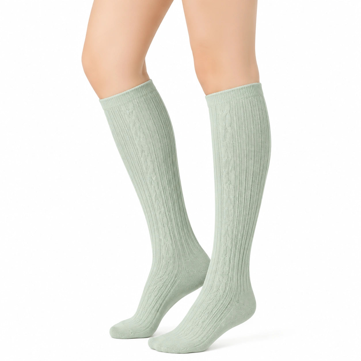 Chaussettes hautes 35-38 en maille vert sauge côtelée style classique