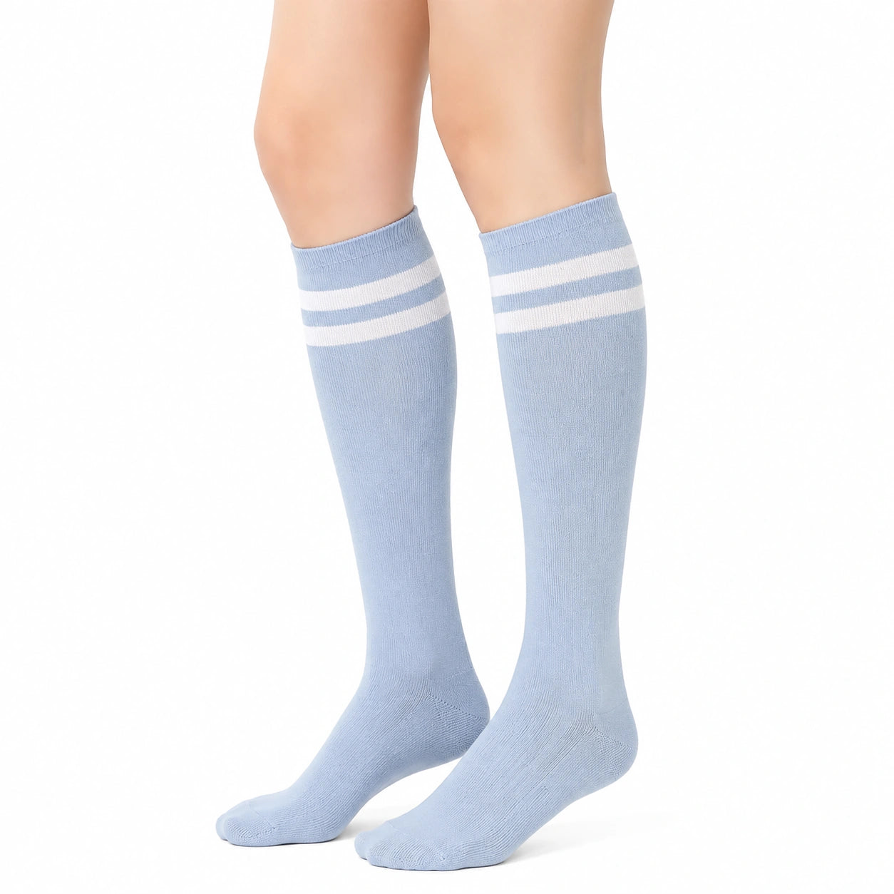 Chaussettes hautes 35-38 en maille bleu clair et blanc à rayures style sport