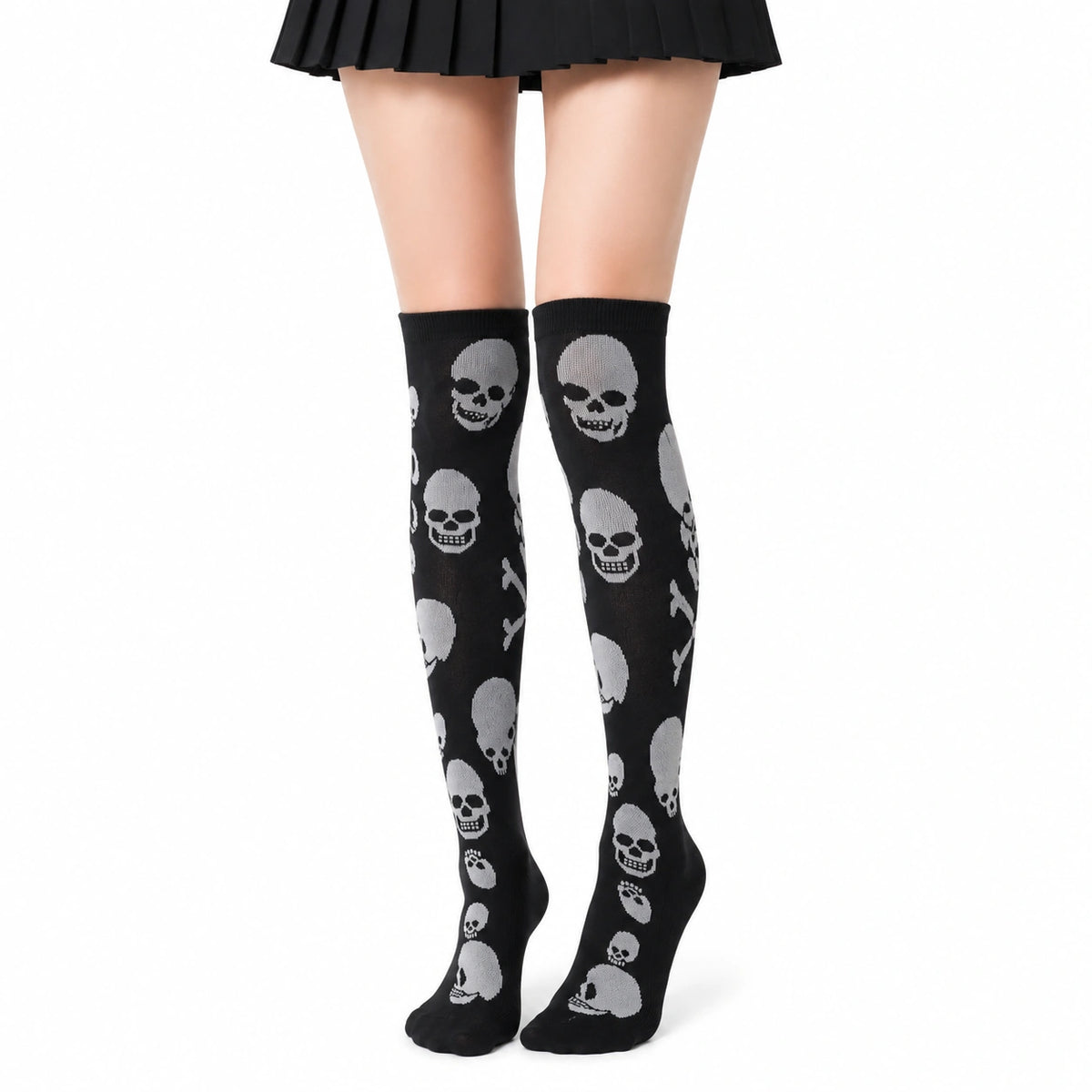 Chaussettes hautes 39-42 noires à motif crânes style gothique