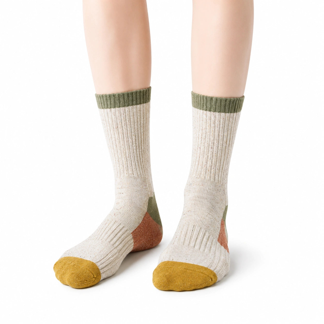 Chaussettes mi-mollet 35-38 en maille écru vert et ocre style côtelé